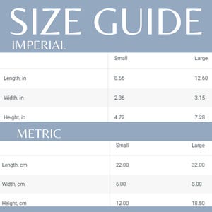 Puede incluir: Una tabla de gu&iacute;a de tallas con el texto "SIZE GUIDE" en la parte superior. La tabla incluye medidas imperiales en pulgadas para largo, ancho y alto, con opciones de talla peque&ntilde;a y grande. Tambi&eacute;n se proporcionan medidas m&eacute;tricas en cent&iacute;metros.