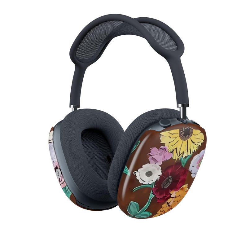 glossy airpod max protective cases with floral design showing the surprise piano flowers from taylors eras