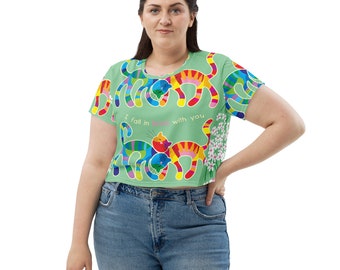 Stylish All-Over Print Crop Tee, Women's Summer Top, Premium Knit Crop Shirt
