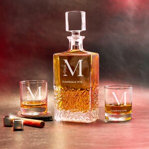 Monogrammed Whiskey Decanter Set, Whiskey Rock Glasses Bevelled, Gift Set