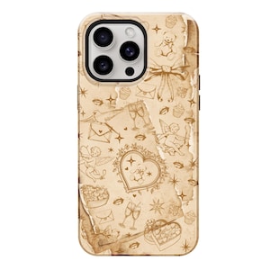 May include: A phone case with a vintage-style design featuring a repeating pattern of hearts, teddy bears, cupcakes, champagne glasses, and cherubs. The case has a beige background with a torn paper effect and a gold camera ring.