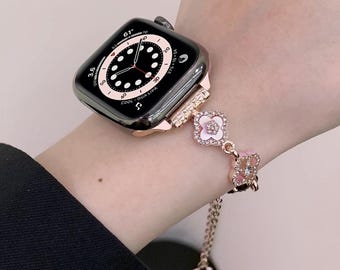 Floral Éclat Pink Clover Apple Watch Band: Diamond Stainless Steel iWatch Strap