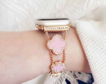 Gold Apple Watch Band: Stainless Steel Bracelet with Clover Charms