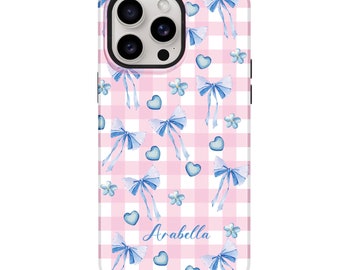 Personalized Pink Coquette Bow iPhone Case: Custom Name Magsafe Tough Cover
