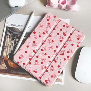Pink Cherry Bow iPad Case with Pencil Holder, Coquette Aesthetic