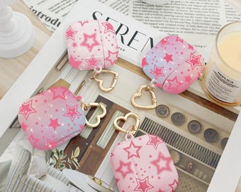 Pink Star AirPods Case, Cute Girly Protective Cover with Keychain