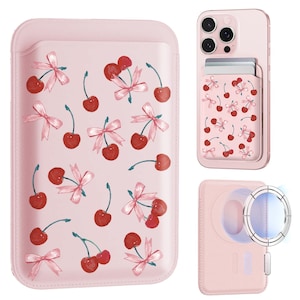 May include: Pink phone case with a cherry and bow pattern. The case has a card holder on the back. The design features red cherries and pink bows. The case is shown in multiple views, including a close-up of the cherry pattern.