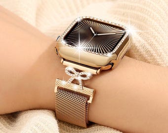 Rose Gold Stainless Steel Apple Watch Band with Diamond Bow
