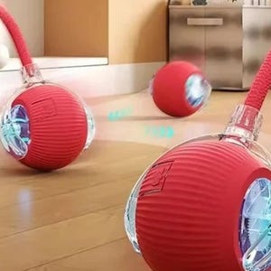 May include: Red pet toy with a clear, glowing centre and a textured, ribbed exterior. The toy has a flexible, red cord attached. The word "NEW!" is displayed in a red starburst shape in the upper left corner. The toy is on a wooden floor.