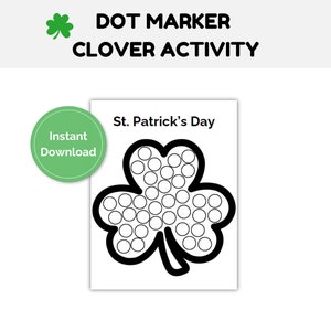 Op de afbeelding: Zwart-witte printbare St. Patrick's Day stippenmarkeractiviteit met een klavertje vier met cirkels om in te kleuren.