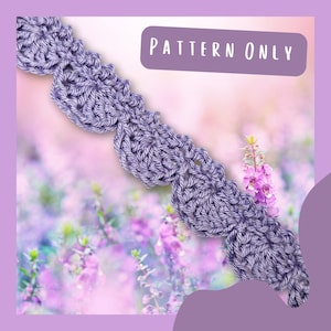 May include: A crochet pattern for a purple and white crocheted edging. The pattern is called "PATTERN ONLY".