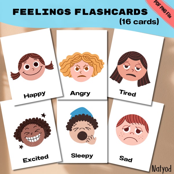 16 Feelings Flashcards- Montessori Learning- Homeschool Decor- Kids feelingFalshcards Printable- Flash Cards Nomenclature Cards preschool