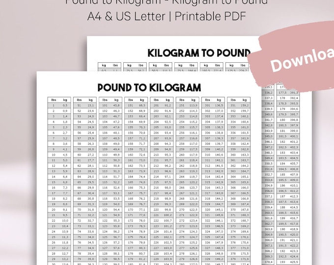 Pounds to Kilograms Conversion Chart A4 & US Letter | Kg to Lb Weight ...