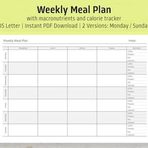 Weekly Meal Planner with Macro & Calorie Tracker | Nutrition Log | Meal Planner PDF Template | Nutrition Tracker | Meal Prep | Download PDF