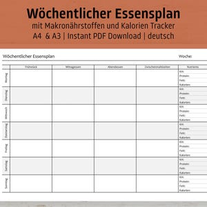 Weekly Meal Planner with Macro & Calorie Tracker | Nutrition Log | Meal Planner PDF Template | Nutrition Tracker | Meal Prep | GERMAN PDF