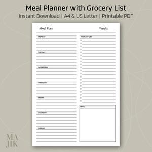 Weekly Meal Planner with Grocery List, Notes | Printable Food Planner | Kitchen Organizer | Weekly Food Plan | Meal Prep | Digital Download