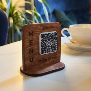 Letrero de código QR, letrero de pago, soporte de menú con código QR, letrero de escaneo para pago, QR de madera contrachapada, exhibidor de menú de barra, soporte de código QR de madera, soporte de menú de mesa