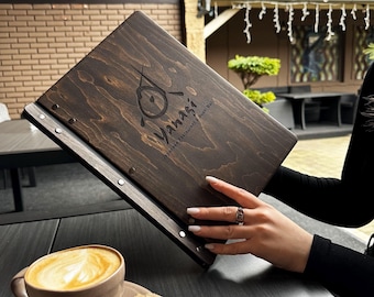 Carpeta de menú de madera con insertos para tarjetas de menú, Portamenús grabado, Carpeta de menú de restaurante, Tablero de menú, Cubierta de libro de menú, Cubierta de menú personalizada