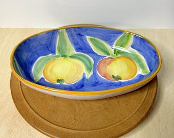 Vintage Solimene Oval Serving Bowl | Hand Painted Campagna Apple Pattern Italian Ceramic 11"