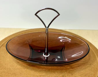 Vintage Amethyst Glass Candy Dish with Chrome Handle | Mid Century Relish Server