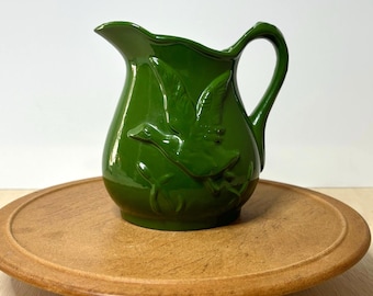 Vintage Green Ceramic Bird Pitcher Vase, Embossed Floral Nature Pottery