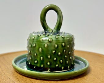 Studio Pottery Butter Dish, Handmade Ceramic Covered Dish, Green Blue Glaze, Signed OS, Artisan Cheese Dome, Rustic Kitchen Decor