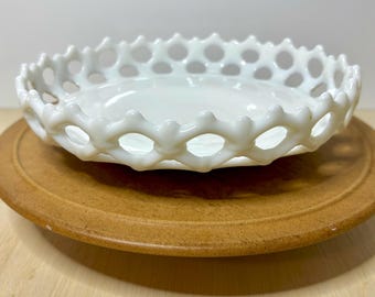 Vintage Westmoreland Milk Glass Lace Edge Bowl | Open Lattice Rim Dish | White Console Bowl | Cottagecore Decor | Wedding Centerpiece