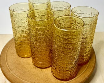 Set of 6 Amber Glass Tumblers | Anchor Hocking Soreno Bark Texture Highball Glasses