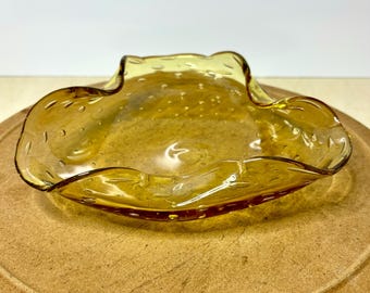 Amber Controlled Bubble Art Glass Dish | Murano Style Bullicante Bowl, MCM Catchall