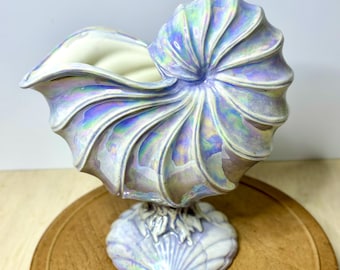 Iridescent Nautilus Shell Planter | Lusterware Seashell Vase | Hollywood Regency Decor