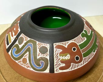 Hand Painted Terracotta Studio Pottery Bowl – Mexican Style Tribal Folk Art Vessel