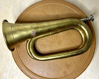 Vintage Brass Bugle Horn India | Rustic Lodge Decor | Music Room Accent