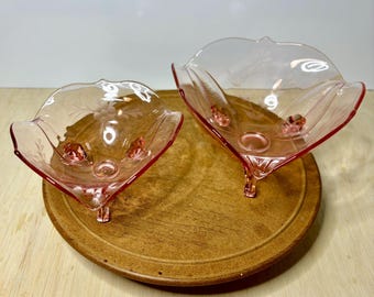 Set of 2 Vintage Pink Etched Glass Footed Bowls Set | Elegant Depression Era Floral | 3-Toed Console Candy Dishes
