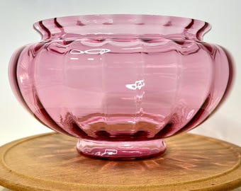 Vintage Pink Art Glass Bowl Optic Ribbed Blown Glass Vase Murano Style Rosé Mid Century Centerpiece