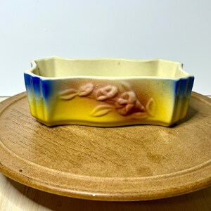 May include: A rectangular ceramic planter with a yellow, blue, and brown color scheme. The planter features a floral design on the front and is set on a wooden tray. The planter's edges are blue, transitioning to yellow and brown.