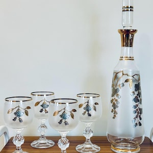 Vintage Bohemia Crystal Decanter Set: Frosted Czech Glass with Gold Trim