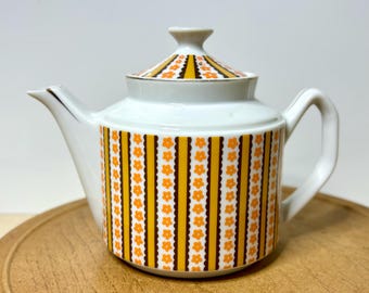 Vintage Enesco 1970s Striped Floral Ceramic Teapot, Retro Mod Kitchen Decor