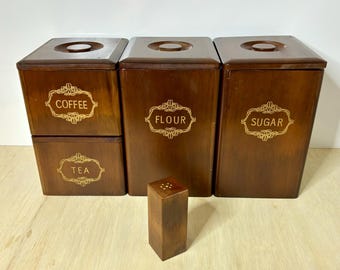 Vintage MCM Wooden Kitchen Canister Set | Flour Sugar Coffee Tea Storage with Shaker
