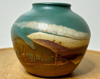 Signed Studio Pottery Vase: Earth Tone Desert Landscape Bud Vase