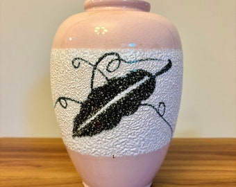 Vintage 1950's Art Pottery Vase in Pink with Black Textured Leaf Design - Iconic Mid Century Decor- Mothers Day Gift Idea