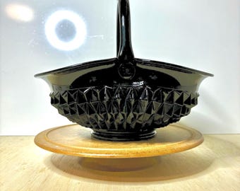 Vintage Indiana Glass Tiara Cameo Black Diamond Point Brides Basket Black Amethyst Centerpiece Bowl
