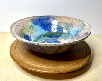 Vintage Signed Studio Pottery Bowl 10.75” – Abstract Multicolor Glazed Stoneware Centerpiece, Cobalt Blue Turquoise Purple Art Pottery