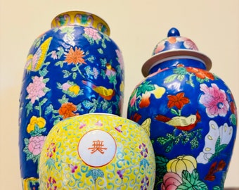 3-Piece Ancient Chinese Vase Set: Large Tall Plant Vase, Ginger Jar, and Flower Vase Bowl in Brilliant Colors with Butterflies & Flowers