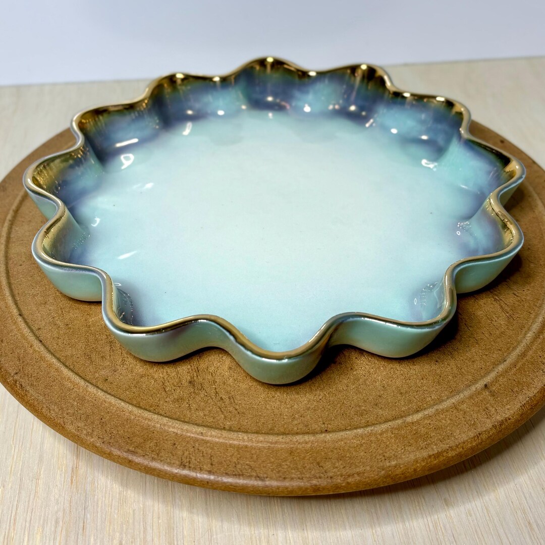 Handmade Iridescent Ruffled Ceramic Bowl, Teal Purple Gold Luster ...