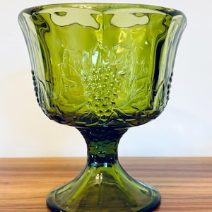 Vintage Avocado Green Glass Compote: Indiana Glass Harvest Grape Candy Dish