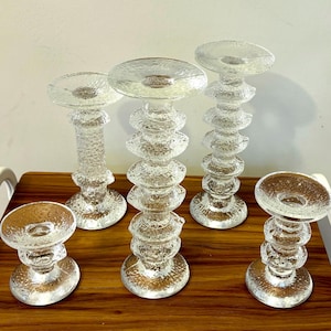 Vintage Iittala Festivo Glass Candlesticks Set of 5 – Timo Sarpaneva Finland – Mid Century MCM Icicle Design