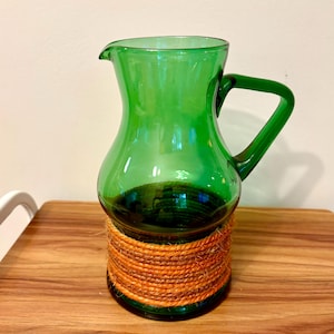 Vintage Green Glass Pitcher – Handblown Empoli Style with Rope Wrap – Mid-Century Coastal Barware – 10” Retro Glass Jug