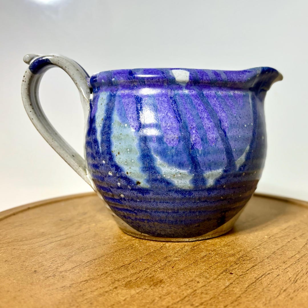 Signed 1993 Studio Pottery Creamer, Blue Drip Glaze Stoneware Pitcher ...