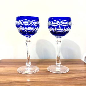 Pair of Vintage German Cobalt Cut to Clear Crystal Wine Glasses – Coin Dot & Star, 1970s Bavarian Stemware
