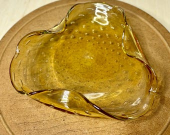 Amber Controlled Bubble Art Glass Dish | Murano Style Bullicante Bowl, MCM Catchall